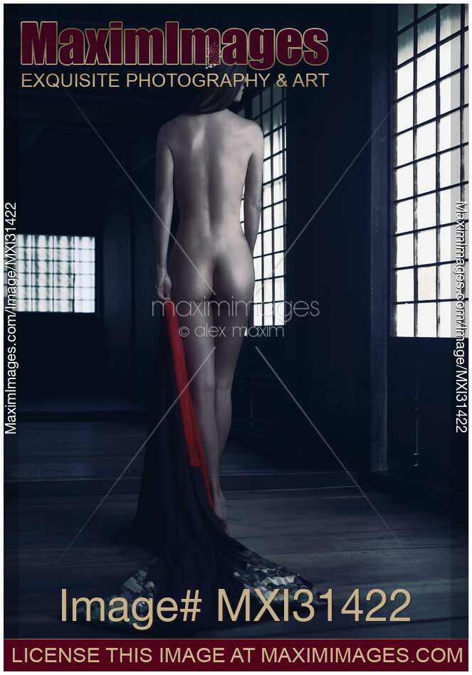 Sensual art nude photo of Japanese woman undressed in a dark house her nude back glowing in soft light of shoji screens