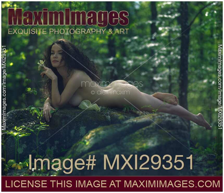 Sensual art nude portrart of a beautiful woman with long brown hair lying naked in forest