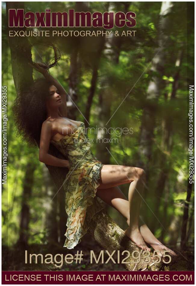 Sensual erotic portrait of a beautiful half nude sexy young woman lying on a leaning tree trunk