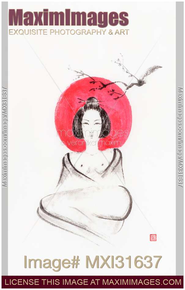Sensual half-naked geisha lying under sakura and red rising sun sumi-e painting