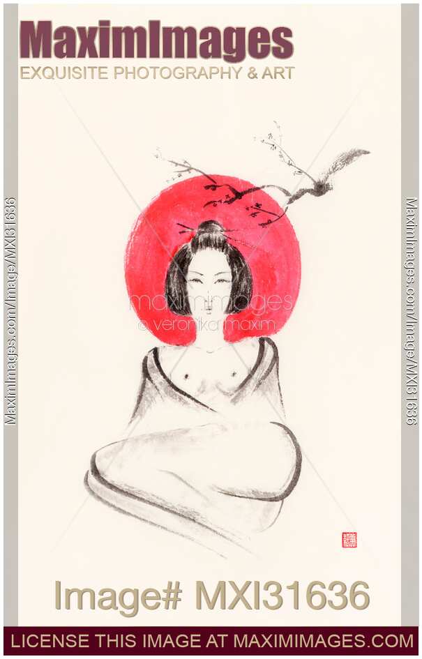 Sensual half-naked geisha under sakura and red rising sun sumi-e painting