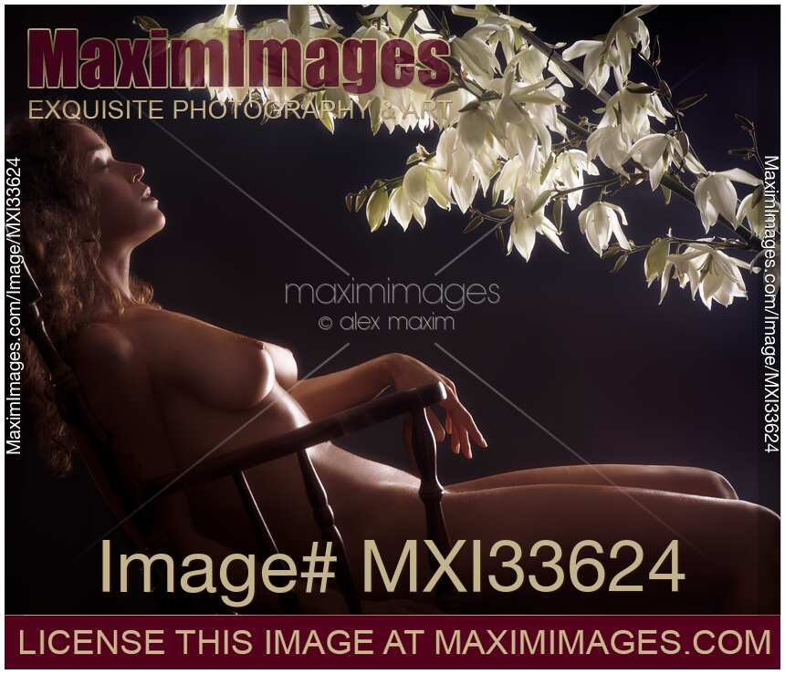Sensual nude portrait of a beautiful naked woman reclining relaxed in chair under white flowers on black