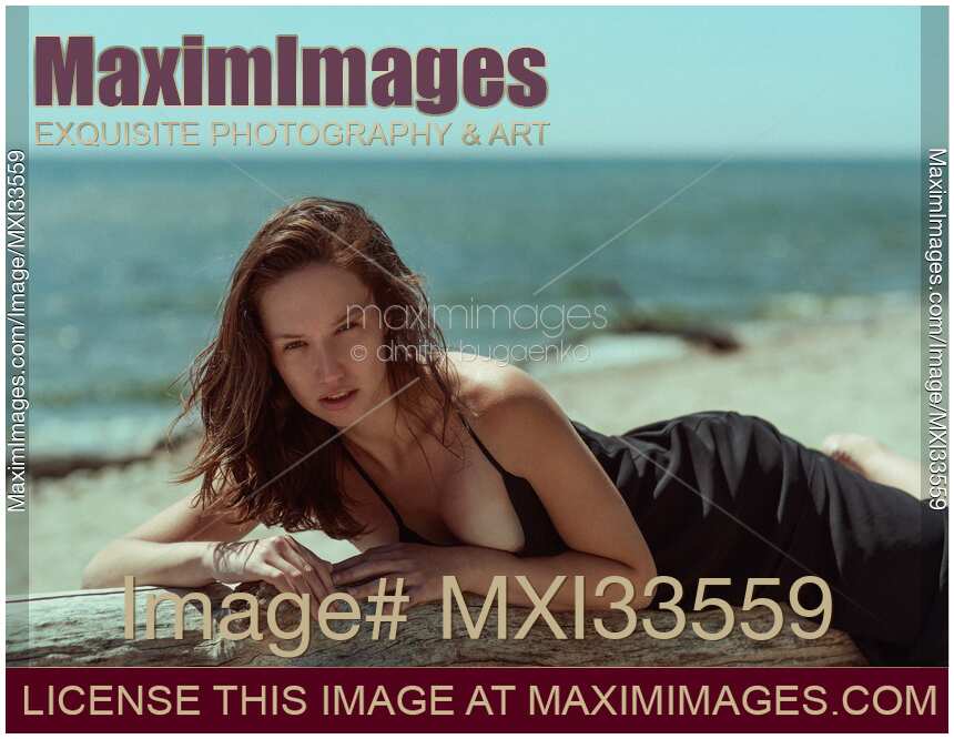 Sensual portrait of a young woman in black dress posing on a driftwood at the beach