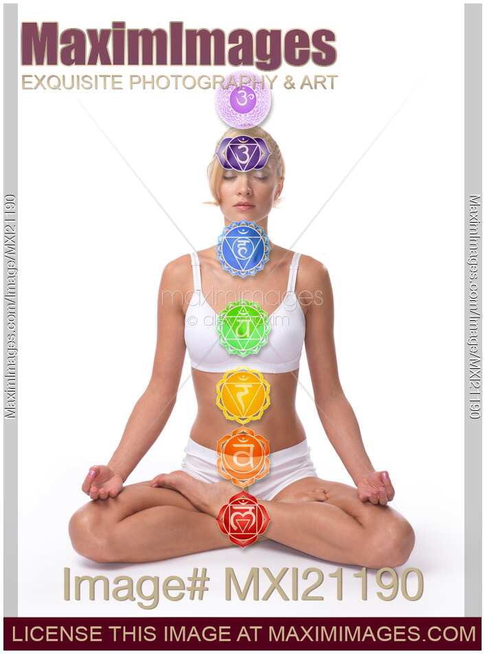 Seven Chakras on meditating woman body