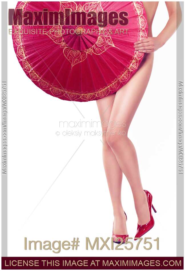 Sexy Asian woman with red oriental umbrella