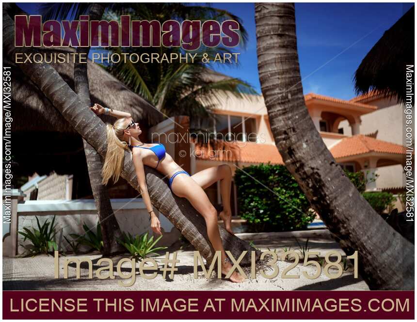 Sexy blond woman in bikini swimsuit sunbathing on a trunk of palm tree at a tropical resort in Cancun Mexico