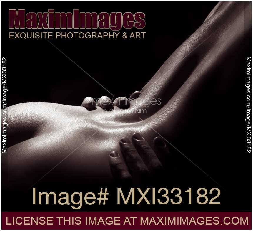 Sexy couple making love, fine art nude body parts. Naked woman back outline with man hands on black.