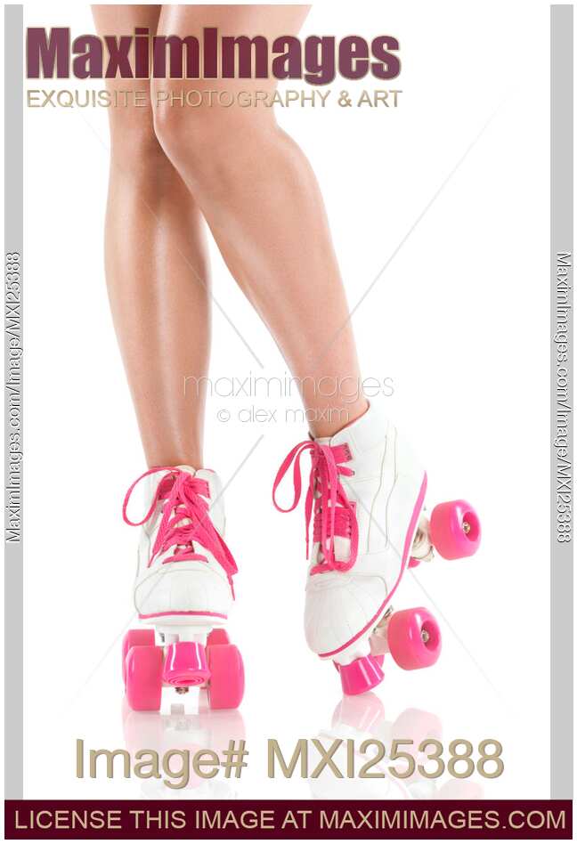 Sexy girl legs in white pink roller skates