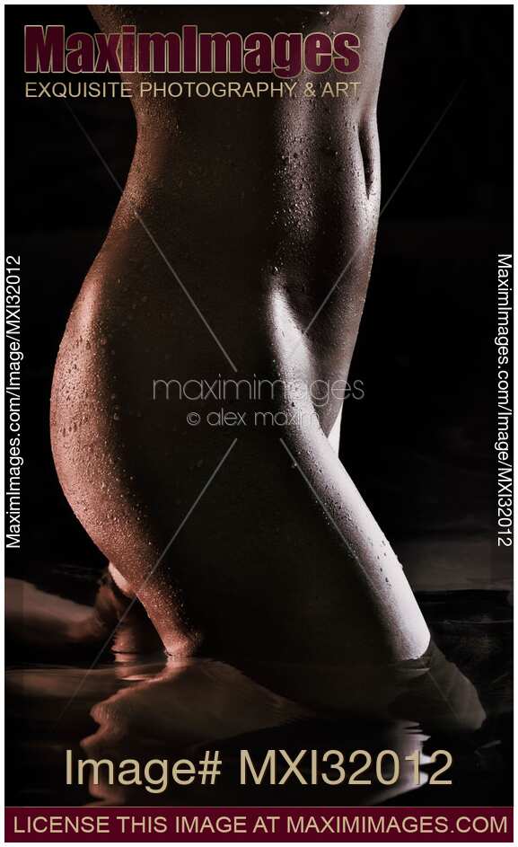 Sexy nude woman body parts wet dark shiny skin in water midsection closeup
