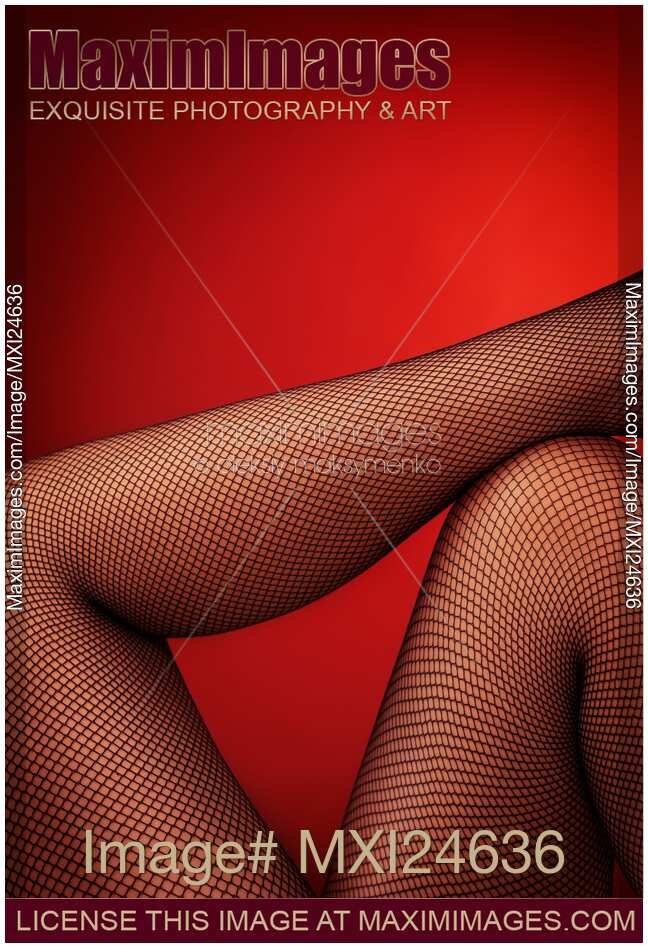Sexy woman legs in fishnet stockings on red