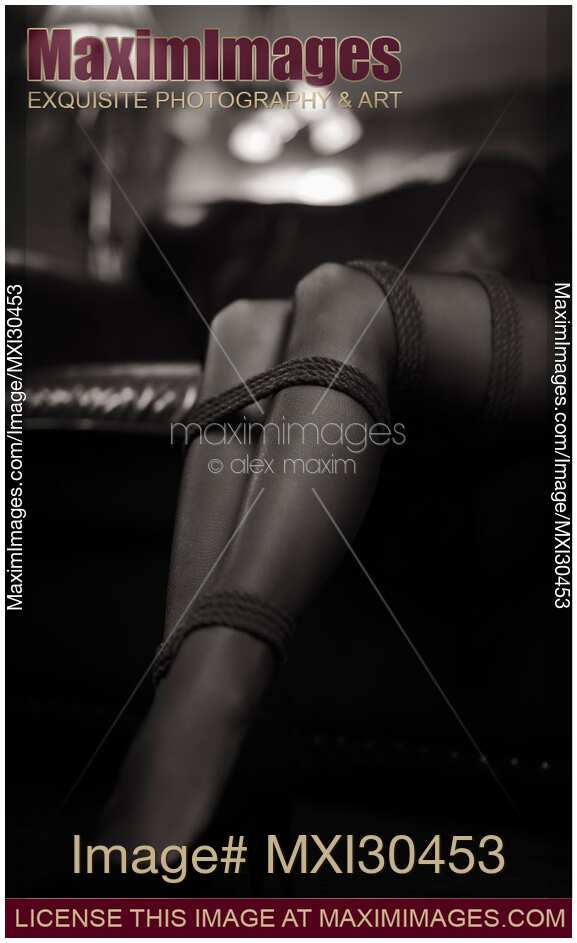 Sexy woman sitting on a sofa wearing high heels and stocking, with her legs tied in shibari bondage ropes Artistic black and white