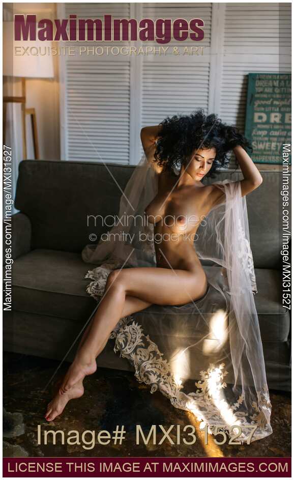Sexy young woman in sheer robe posing naked on a sofa