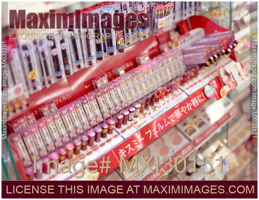 Shades of red lipstick in a Japanese makeup and beauty product store