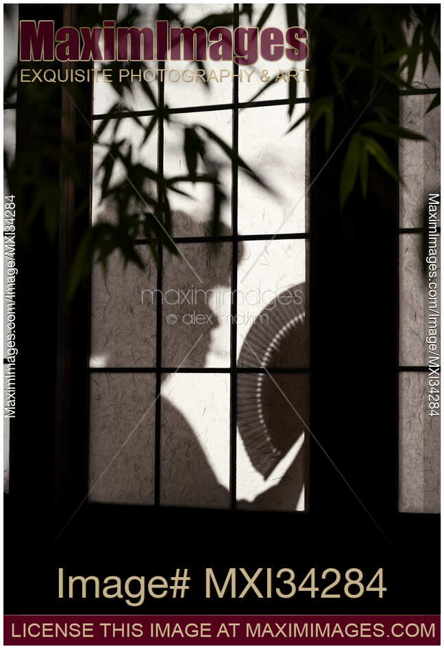 Shadow of a Japanese geisha with a hand fan behind shoji screen of traditional Japanese house at night