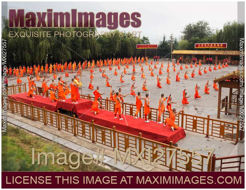Shaolin Kung Fu students practicing staff in China