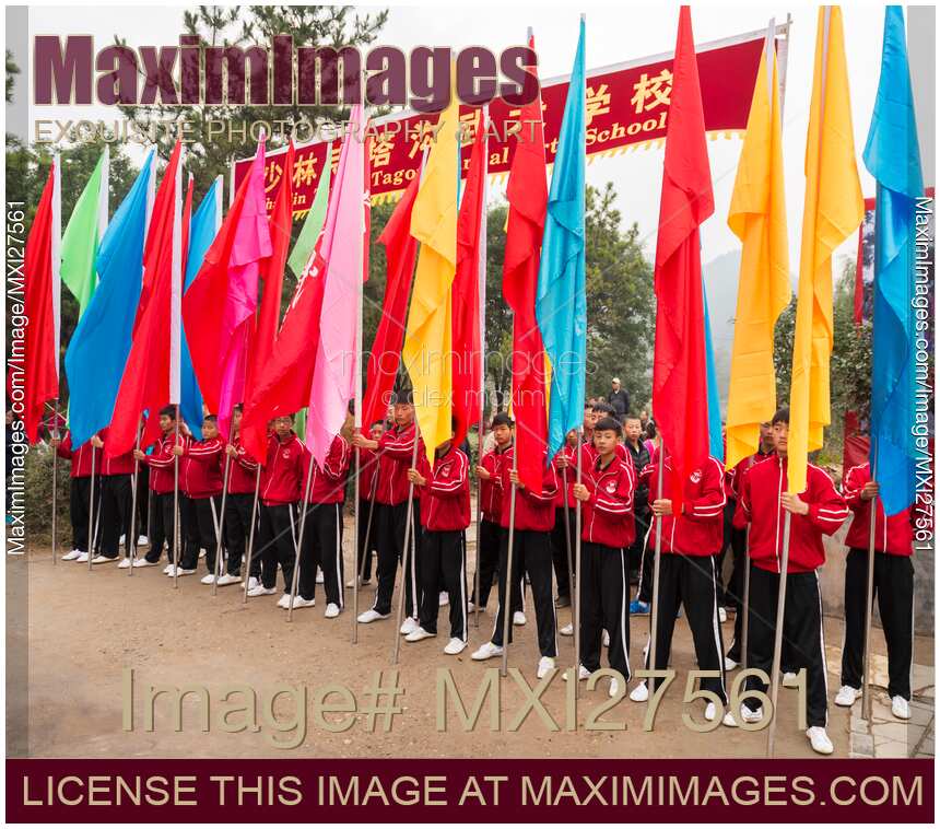 Shaolin martial arts school Tagou students with flags of their school