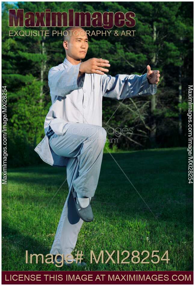 Shaolin monk practicing Qi Gong in the nature