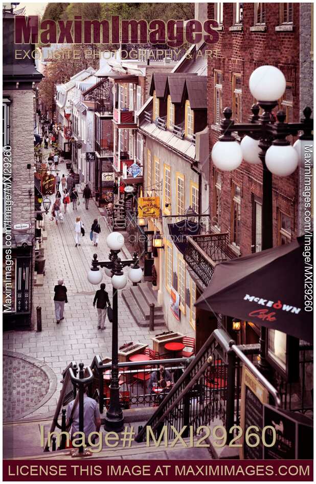 Shops and restaurants on historic street Rue du Petit Champlain of Old Quebec City
