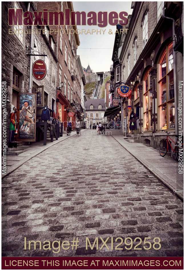 Shops and restaurants on historic street Rue Sous Le Fort of Old Quebec City