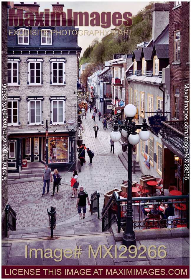 Shops and restaurants on historic streets of Old Quebec City Rue Sous-Le-Fort and Rue du Petit-Champlain