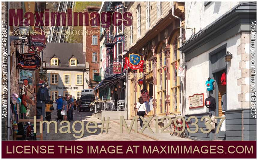 Shops and restaurants on Rue Sous Le Fort historic street in old Quebec City