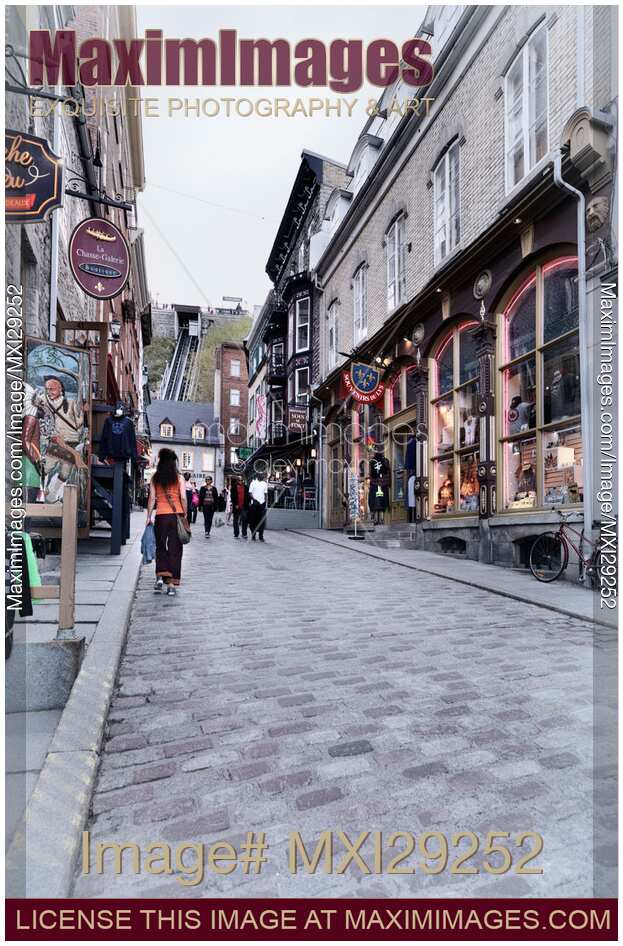 Shops and restaurants on Rue Sous Le Fort street in old Quebec City