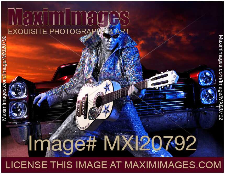 Silver Elvis playing the guitar and classic Cadillac retro car artistic concept