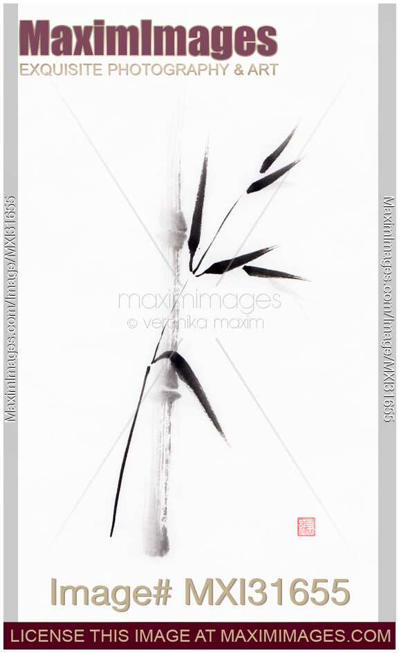 Single bamboo stalk and a branch with leaves sumi-e black ink painting