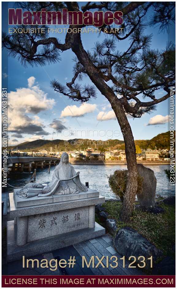 Statue of Murasaki Shikibu by Uji-bashi bridge in Uji city