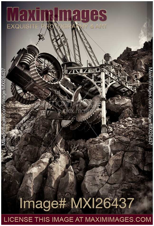 Steampunk land boring machine at Disneysea black and white