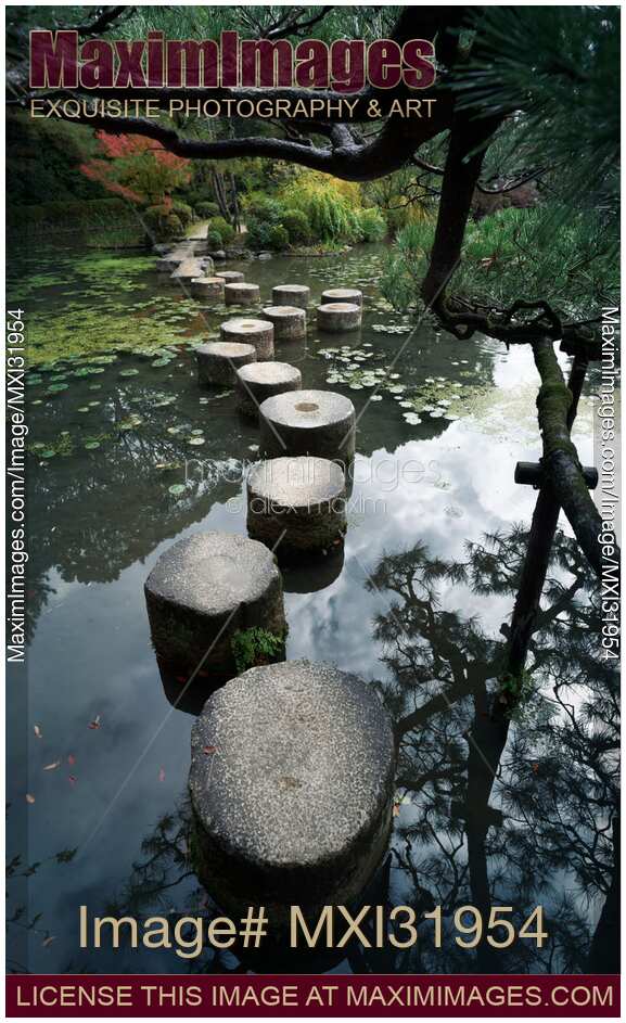 Stepping stones in a pond of Heian Jingu Shrine gardens Kyoto