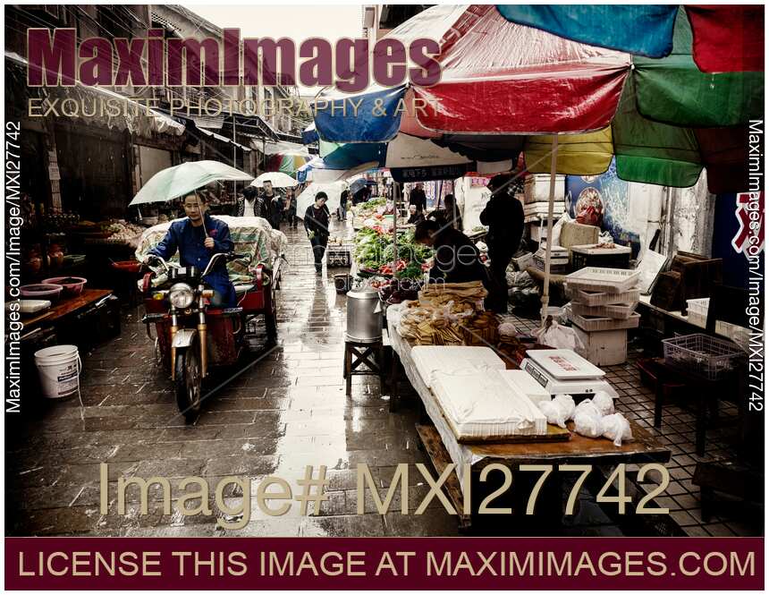 Street food market during rain in Zhangjiajie