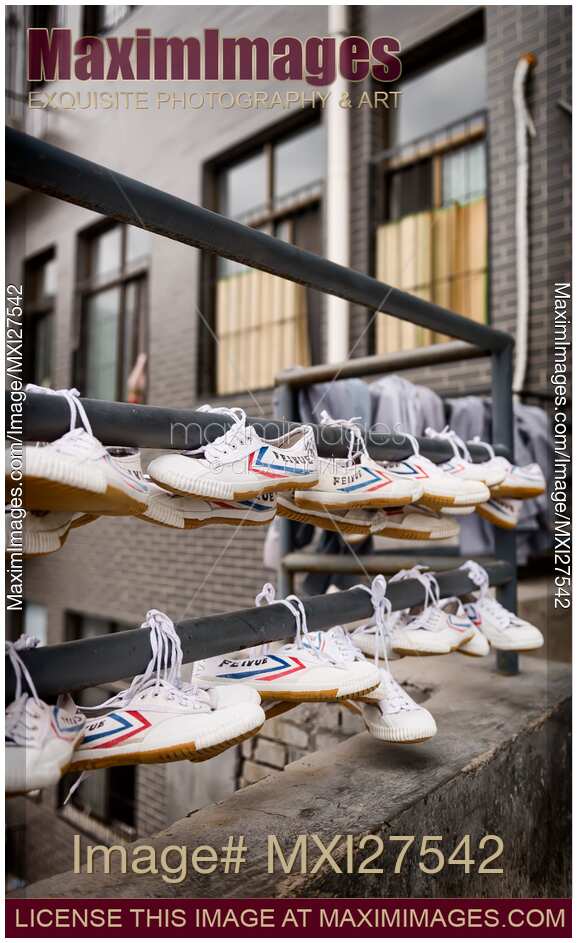 Students Feiyue shoes drying at Shaolin dormitory in China