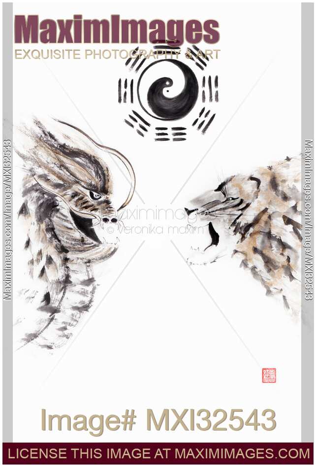 Sumi-e Daoist painting of the Tiger and the Dragon under Yin Yang symbol NeiDan internal alchemy concept