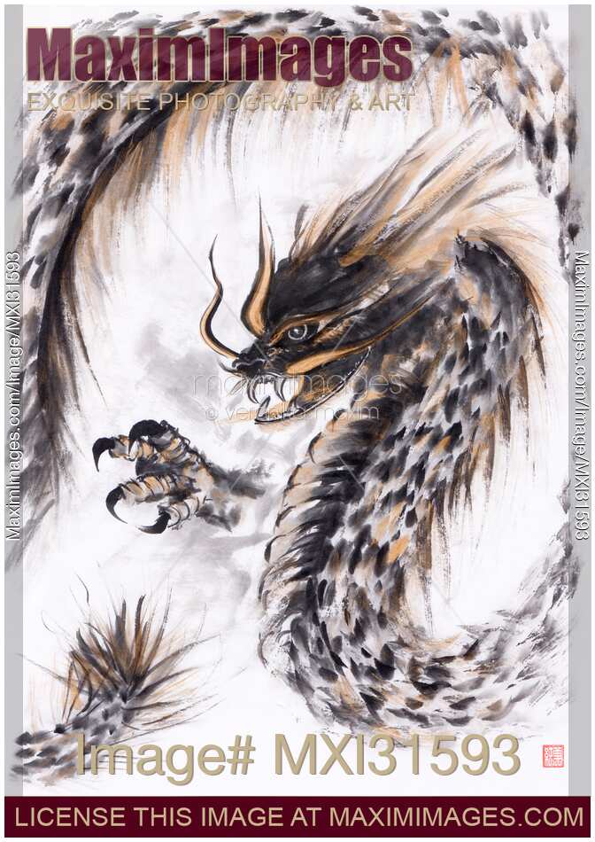 Sumi-e ink painting closeup of an asian fire dragon black and white with gold