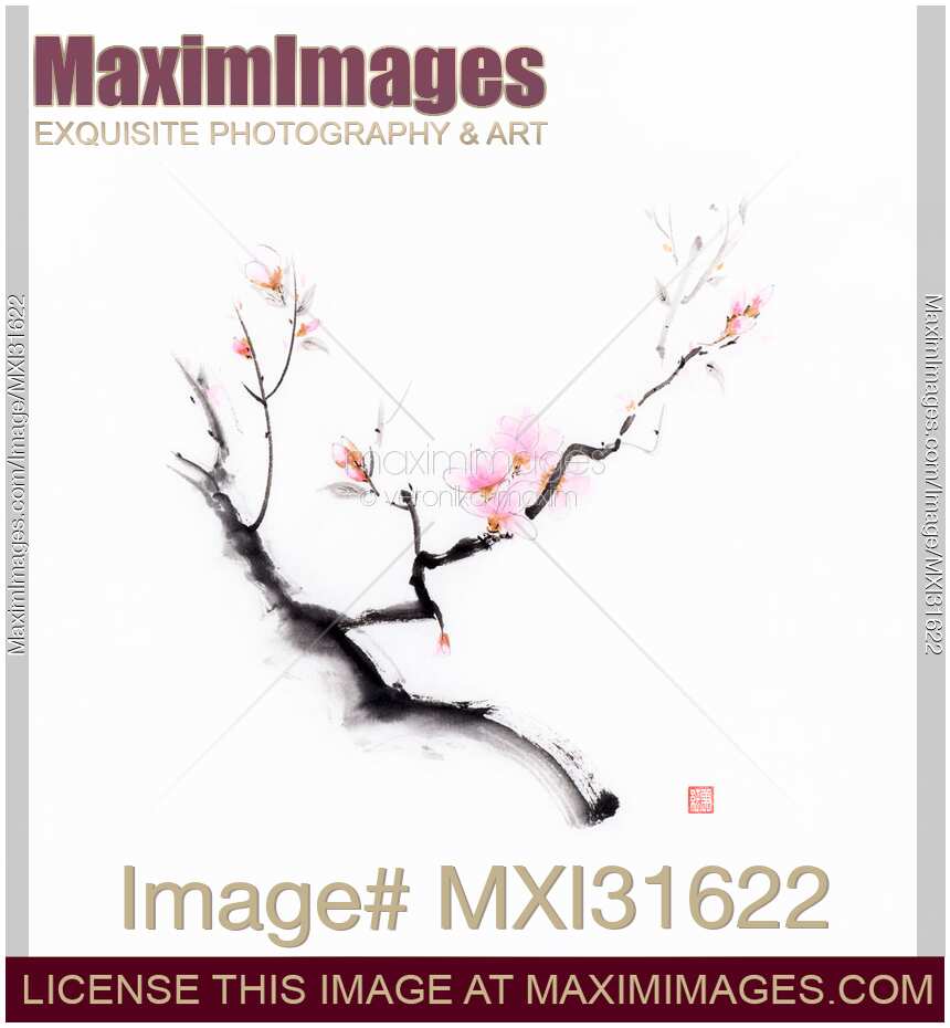 Sumi-e ink painting of a blooming sakura branch with gentle pink flowers