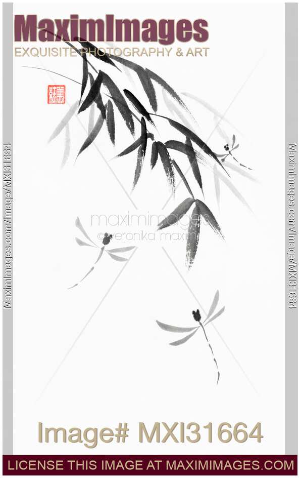 Sumi-e ink painting of three dragonflies flying happily with bamboo branches