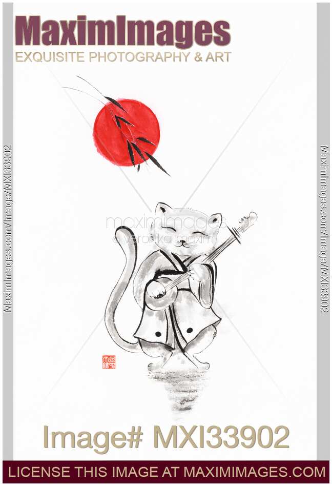 Sumi-e painting of a cat walking in kimono playing a stringed musical instrument under red sun