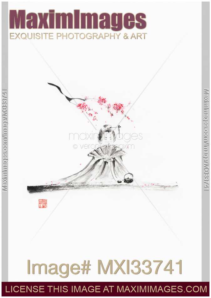 Sumi-e painting of a cute little Japanese girl sitting under plum blossom with a teapot