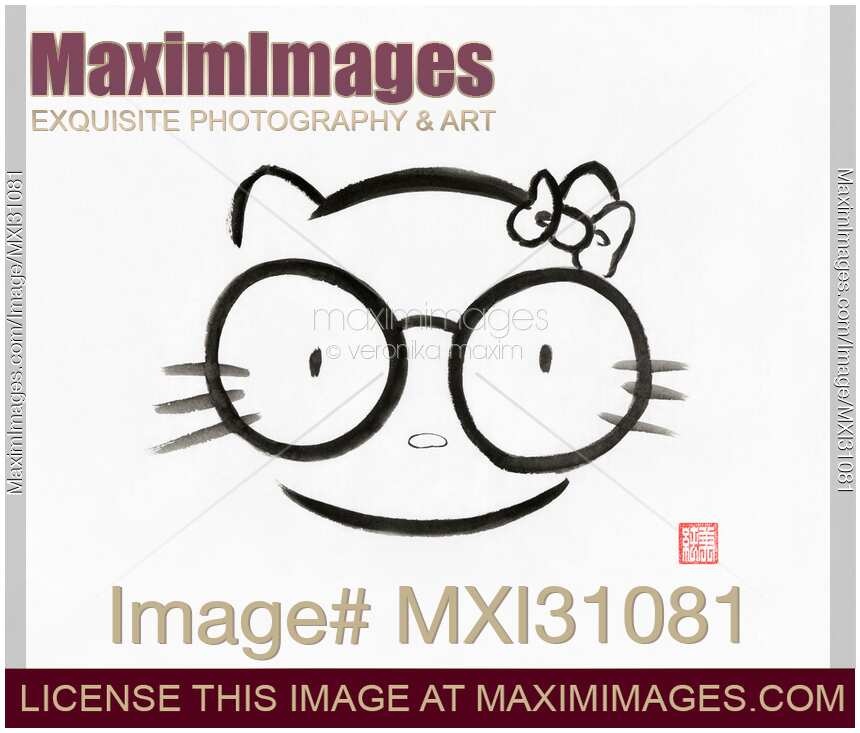 Sumi-e painting of a Japanese kawaii nerd kitty