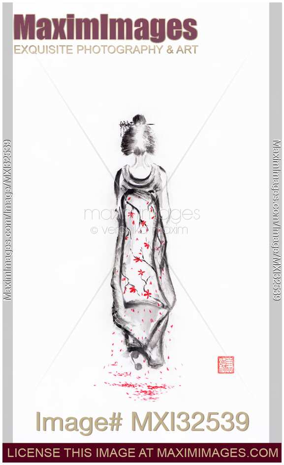 Sumi-e painting of a surreal maiko geisha with sakura blossoms walking away