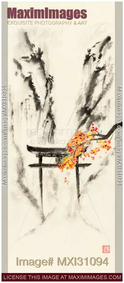 Sumi-e painting of a Torii temple gate in a Misty autumn mountain scenery