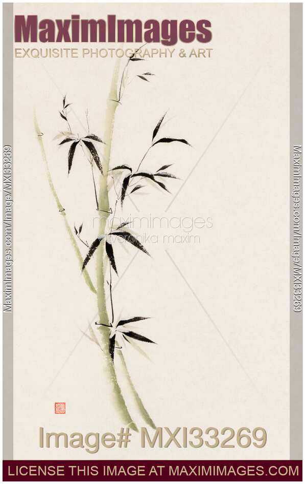 Sumi-e painting of green bamboo stalk with snow on the leaves on beige Fine art Zen illustration