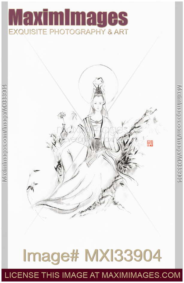 Sumi-e painting of Guanyin goddess of mercy and compassion sitting with a scroll in her hand. Kwan Yin, Kannon, Avalokitesvara.