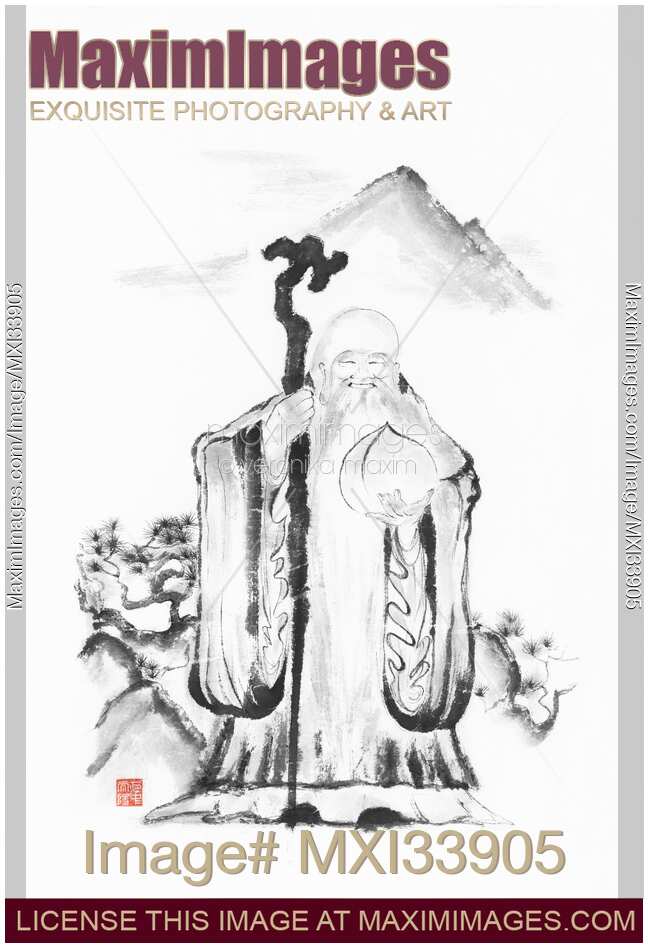 Sumi-e painting of Shou Chinese God of Longevity holding peach or gourd symbol of the elixir of life and immortality