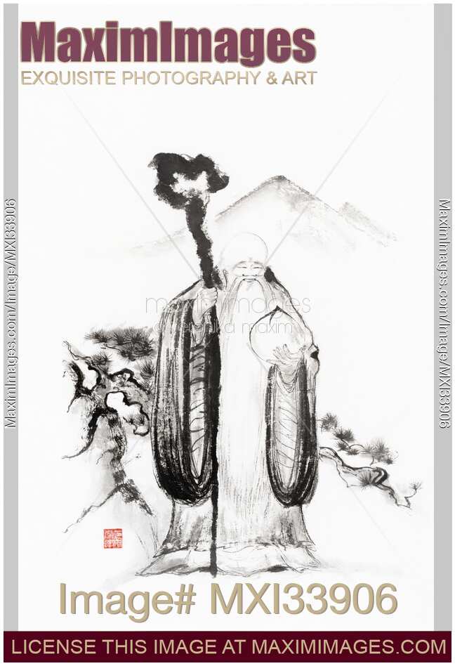 Sumi-e painting of Shou Chinese God of Longevity with staff and peach or gourd elixir of life and immortality