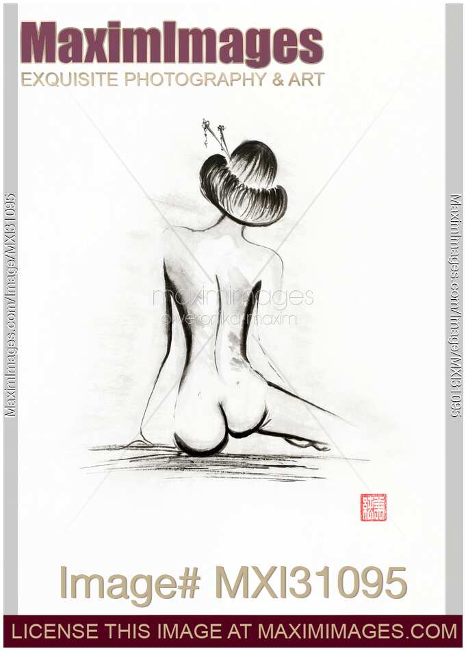 Sumi-e painting of the back of a naked Japanese woman sitting dreamily