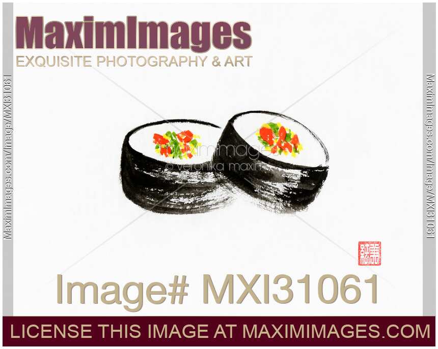 Sumi-e painting of two sushi rolls