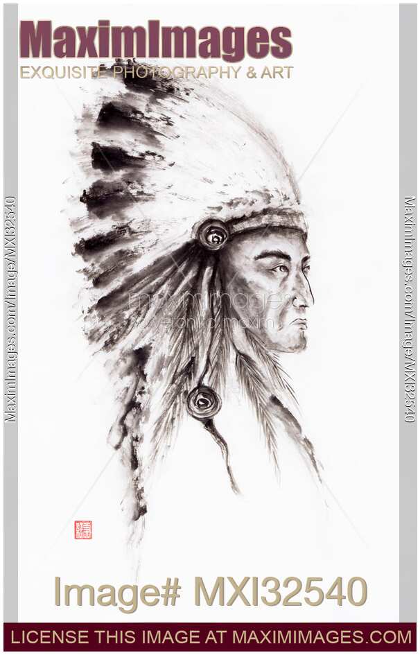 Sumi-e portrait of a Native Indian Chief in a tribal leader feathered headgear