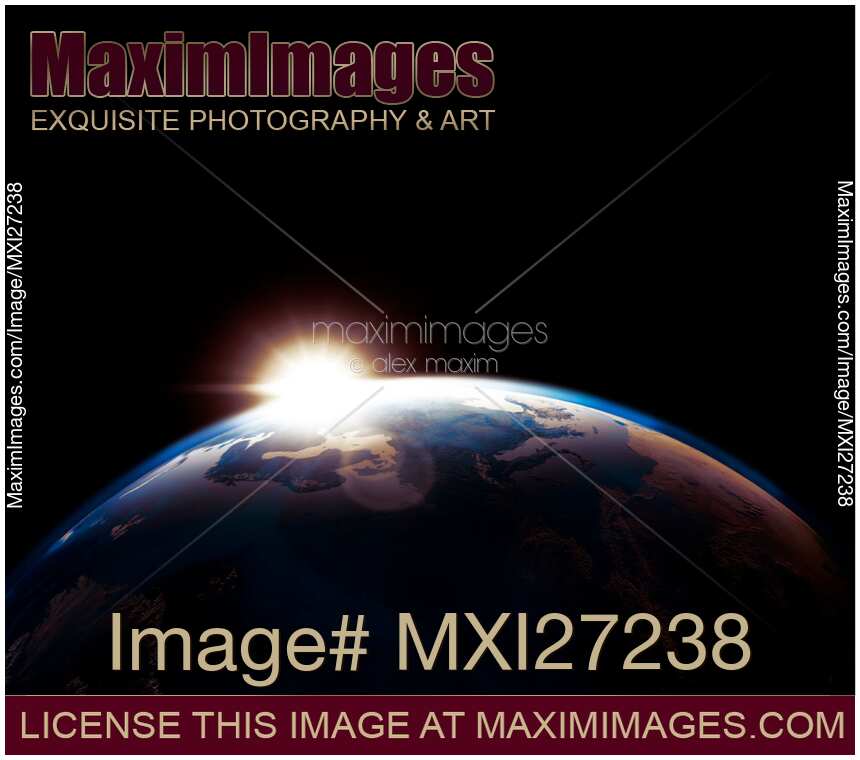 Sun rising from behind planet Earth outline
